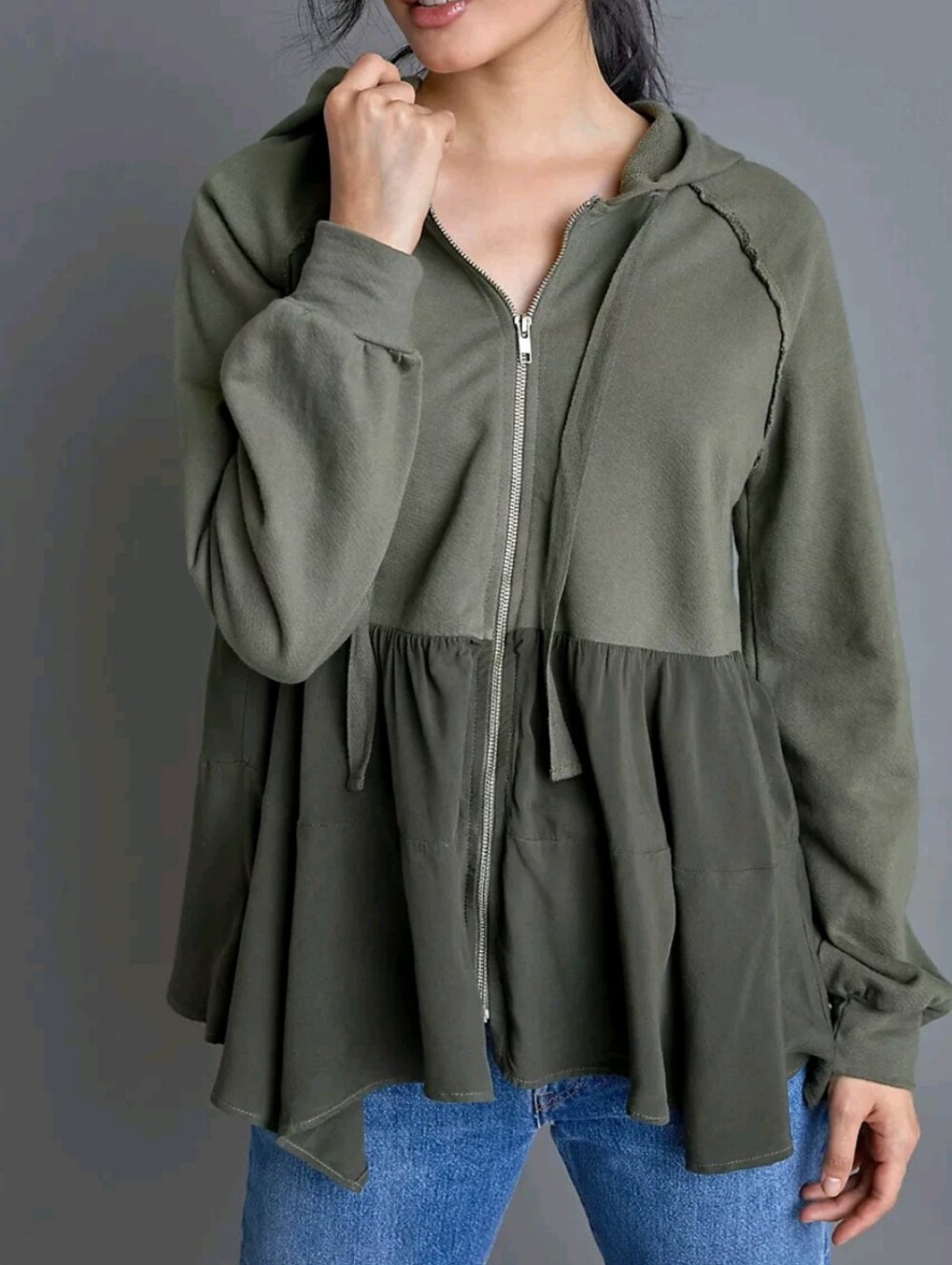 T.La Anthropologie Moss Green Lavande Tunic Long Sleeve Zip Front Hoodie